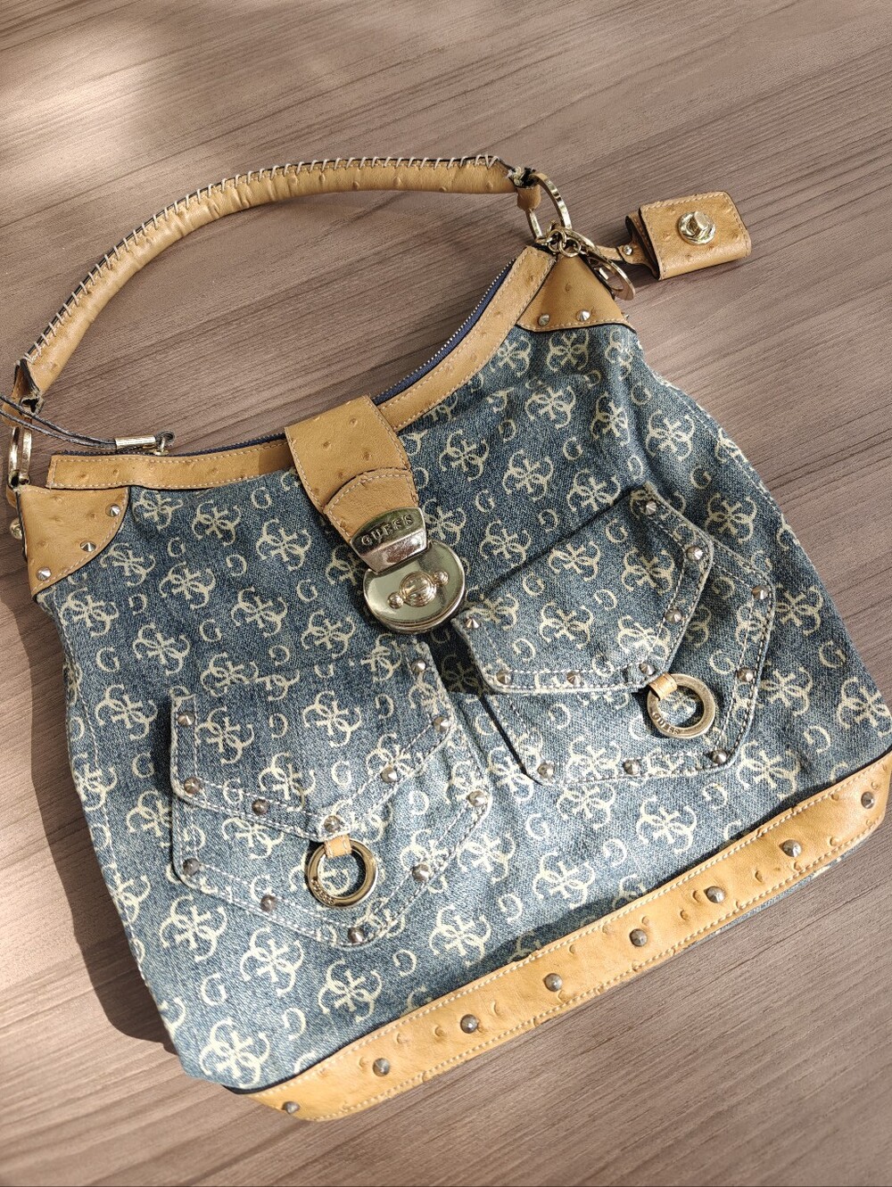 Y2K Guess Denim Monogram Shoulder Bag with Tan Trim